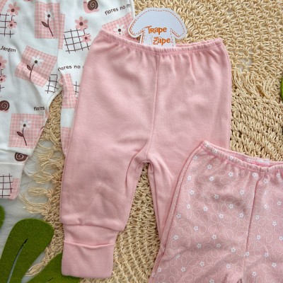 Kit 3 Calças - Flores no Meu Jardim, Rose e Florzinhas - Rose e Off White